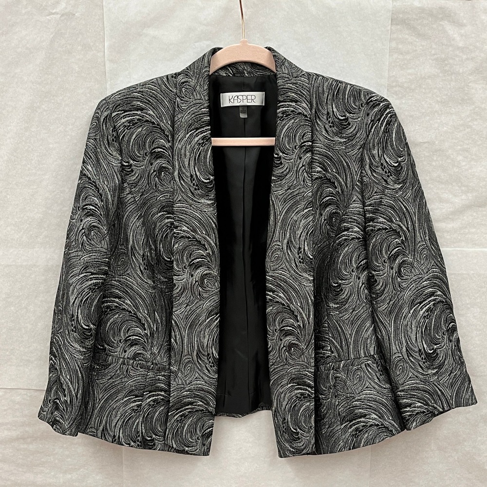Kasper Blazer Womens 10 Silver Metallic Swirl Jacquard Open Front Shimmer Jacket